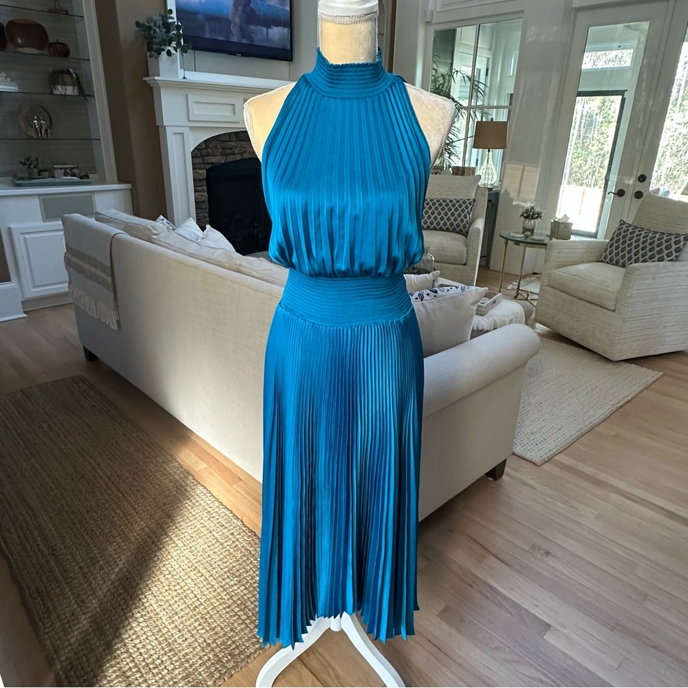 A.L.C. Renzo Cerulean Pleated Halter Midi Dress